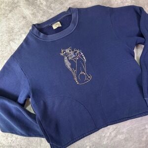 Vtg Walco Women's Navy Rhinestone Cat Sweatshirt Sz S Crewneck Pullover USA Made